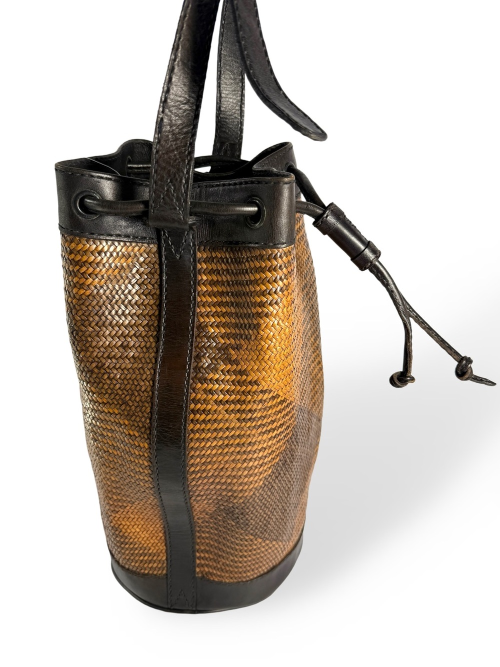 Source Unknown Brown and Black Woven Rattan / Leather Drawstring Crossbody Bag